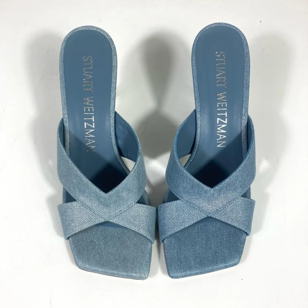 Stuart Weitzman Carmen 75 Heel Slide Sandals Blue Denim 8 NEW - Picture 8 of 17
